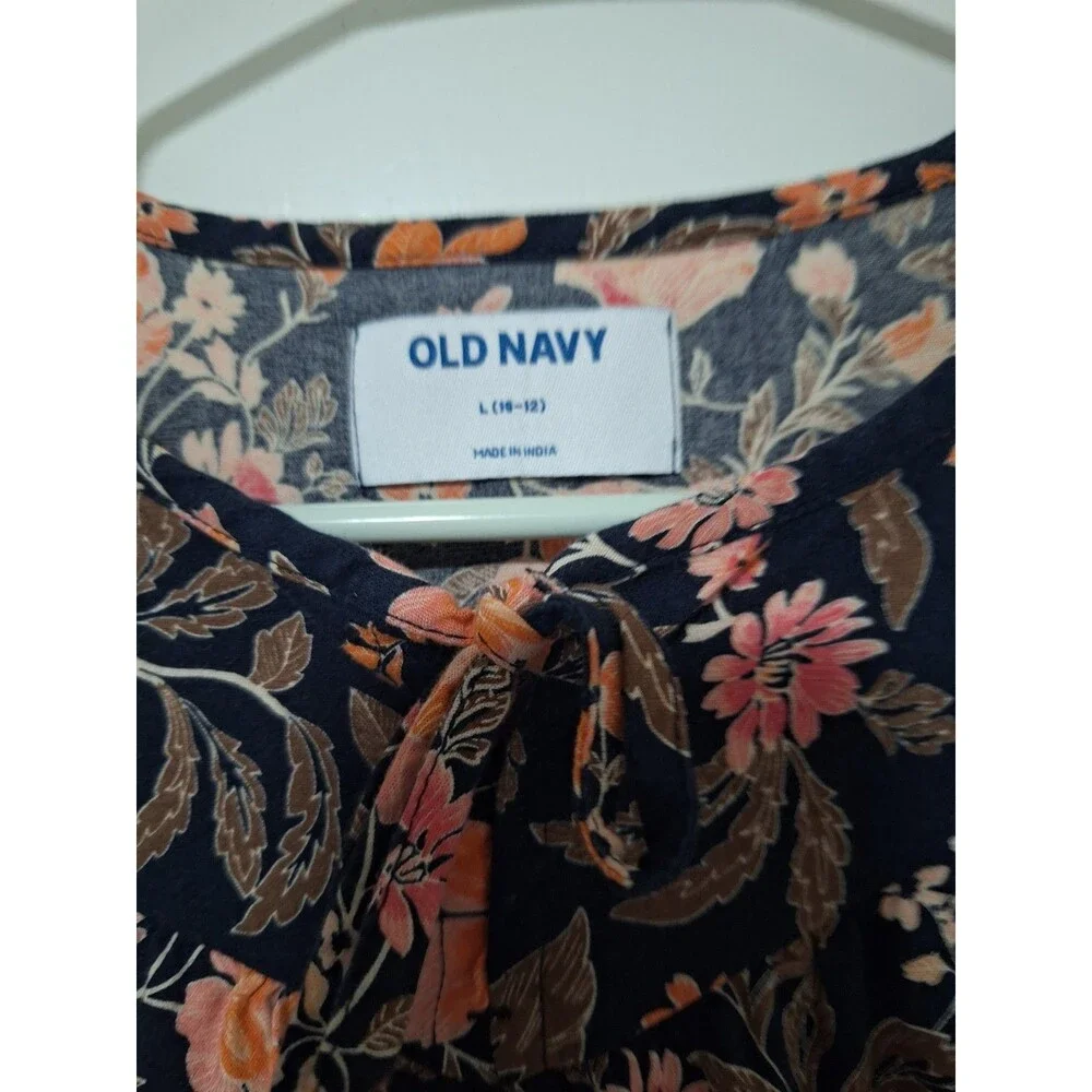 Old Navy Girl's Floral Tiered Dress Large L 10-12 Puff Short Sleeve Cotton Navy